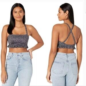 Free People FP Movement Plie All Day Leopard Sports Bra Ruffle  Black White Gray